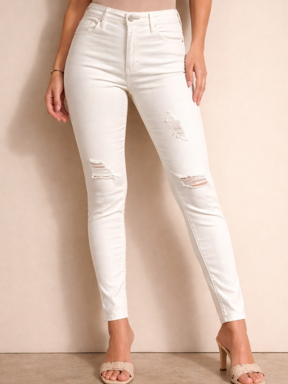High-Rise White Distressed Skinny Jeans - Women